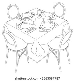 Illustrated Outline of Dining Chairs and Table Set in a Restaurant with white background. Vector Illustration.