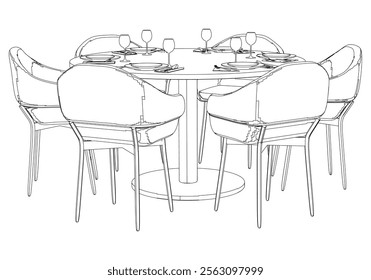 Illustrated Outline of Dining Chairs and Table Set in a Restaurant with white background. Vector Illustration.