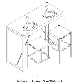 Illustrated Outline of Dining Chairs and Table Set in a Restaurant with white background. Vector Illustration.