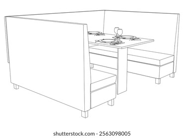 Illustrated Outline of Dining Chairs and Table Set in a Restaurant with white background. Vector Illustration.