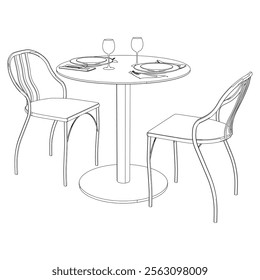 Illustrated Outline of Dining Chairs and Table Set in a Restaurant with white background. Vector Illustration.
