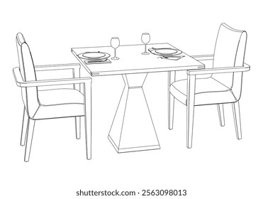 Illustrated Outline of Dining Chairs and Table Set in a Restaurant with white background. Vector Illustration.
