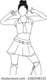 Illustrated outline of a modern stylish girl, showcasing a dynamic pose and fashion-forward attire including a tie and skirt,evoking artistic and trendy vibes,suitable for creative and artistic usage.