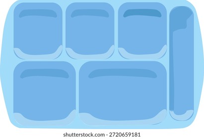 Illustrated overhead view of an empty blue ice cube tray with six compartments, ready for freezing