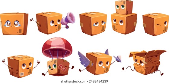 Illustrated package box. Character with eyes and face, parcel box.