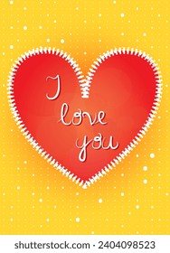 Illustrated page Valentine day greeting card with big red heart outlined and orange background with small dots