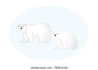 Illustrated pair of polar bears, one standing and one sitting, on blue.
