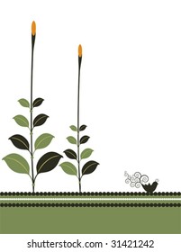 Illustrated palm leaves in two shades of green against a white background.