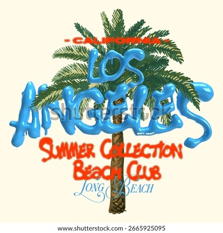 Illustrated palm tree with vibrant green leaves and trunk behind glossy blue 3D text “Los Angeles,” combined with retro summer typography. Urban California streetwear and tropical beach vibe