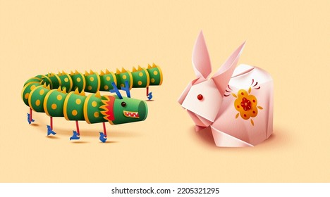 Illustrated paper art origami rabbit and paper little figure performing dragon dance with paper cup dragon isolated on beige background.