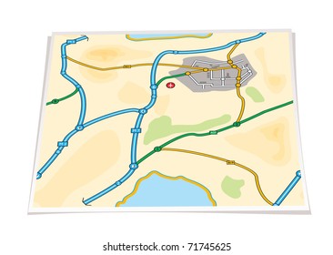 Illustrated paper city map with roads airport and guide