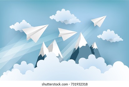 illustrated paper plane through cloud. design paper art and handicraft