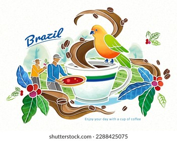 Illustrated parrot perching on the edge of coffee cup in coffee farm with miniature male farmer harvest and carry basket. Suitable for World Coffee Day