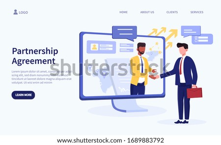 Illustrated partnership agreement theme and men shaking hands through screen. Vector illustration