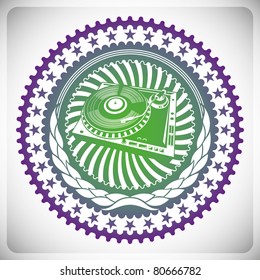 Illustrated party emblem with turntable. Vector illustration.