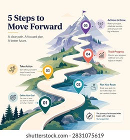 Illustrated path with numbered steps and icons for goal achievement