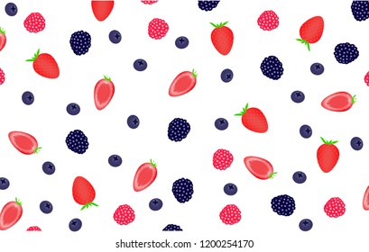 Illustrated pattern of berries like strawberries, raspberries, blueberries and blackberries 
