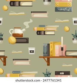 Illustrated pattern showing books, teapot, cookies, plants, and candles on a light green background. Concept for reading and relaxation. Vector illustration
