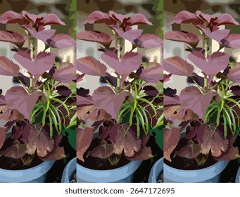 Padrão ilustrado de uma planta de coleus roxo vibrante (Plectranthus scutellarioides) crescendo em um vaso azul, com uma mistura impressionante de folhagem roxa e verde. Esta imagem estilizada realça