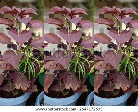 Illustrated pattern of a vibrant purple coleus plant (Plectranthus scutellarioides) growing in a blue pot, with a striking mix of purple and green foliage. This stylized image highlights