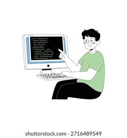 Una persona ilustrada se sienta frente a una computadora, señalando la pantalla que muestra líneas de código.   