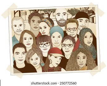 Illustrated photo of a group of young people - each person is drawn individually by hand and digitally colored
