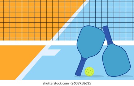 Illustrated pickleball paddles and ball on a court, featuring a net and vibrant colors, highlighting the sport's dynamic nature