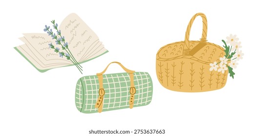 Illustrated picnic scene featuring an open notebook with handwritten notes, a green checkered picnic blanket roll, and a woven basket with flowers