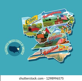 Mapa ilustrado del este de Estados Unidos. Incluye Pennsylvania, Nueva Jersey, Virginia Occidental, Virginia, Carolina del Norte, Delaware y Maryland. Ilustración vectorial.