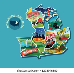 Illustrated pictorial map of Midwest United States. Includes Wisconsin, Michigan, Missouri, Illinois, Indiana, Kentucky and Ohio. Vector Illustration.