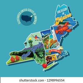Illustrated pictorial map of Northeast United States. Includes Maine, New Hampshire, Vermont, Massachusetts, Connecticut, Rhode Island and New York. Vector Illustration.