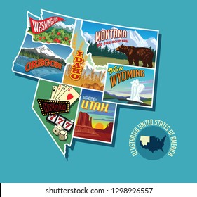 Illustrated pictorial map of Northwest United States. Includes Washington, Oregon, Idaho, Montana, Wyoming, Nevada and Utah. Vector Illustration.