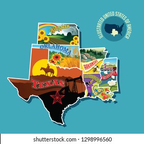 Illustrated Pictorial Map Of South Central United States. Includes Kansas, Oklahoma, Texas, Arkansas Louisiana And Mississippi. Vector Illustration.