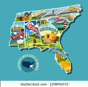 Illustrated pictorial map of Southern United States. Includes Tennessee, Carolinas, Georgia, Florida, Alabama and Mississippi. Vector Illustration.