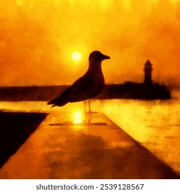 Illustrated picture of a sea gull at dawn, standing against the backdrop of the sea and a pier with a lighthouse.