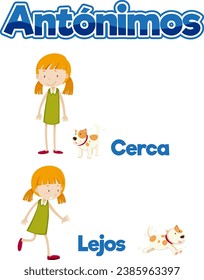 Illustrated picture word card for learning near and far in Spanish
