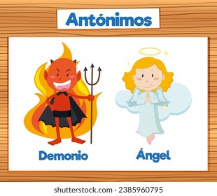 Illustrated picture word card showing the contrasting concepts of Bad and Good in Spanish