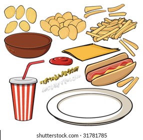 Illustrated pieces to assemble hot dog, french fries, potato chips and drink.