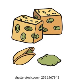 Illustrated pistachio candy cubes with scattered nuts, showcasing a tasty, sweet treat. Perfect for food blogs, snack packaging, or gourmet dessert marketing.