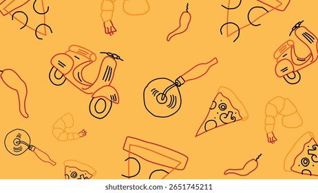 Illustrated pizza cutter, shrimp, and scooter icons on a yellow background convey a playful Italian food delivery theme.