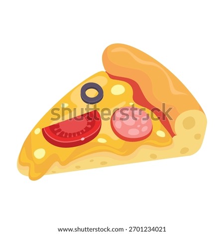 Illustrated pizza slice with toppings on a white background.