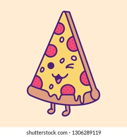 Illustrated Pizza Slice wink. Fast Food, Junk Food, Street Food with cute kawaii face expressions. Handmade in doodle style - Vector EPS