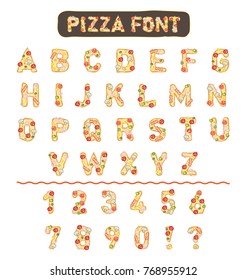 Illustrated Pizza vector font letters and numbers collection 