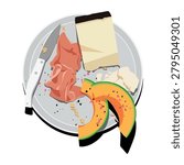 An illustrated plate of prosciutto ham, sliced cantaloupe melon, and cheese with a knife.