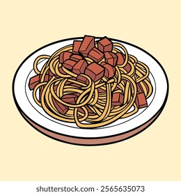 Illustrated Plate of Spaghetti Garnished With Cubes of Meat on a Neutral Background.