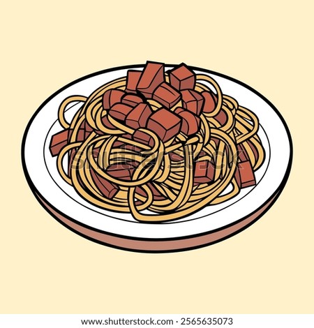 Illustrated Plate of Spaghetti Garnished With Cubes of Meat on a Neutral Background.