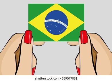 Illustrated Pop Art Hand holding the Flag of  Brazil