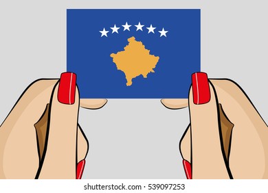Illustrated Pop Art Hand holding the Flag of  Kosovo