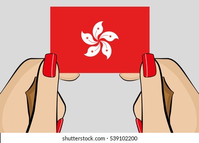 Illustrated Pop Art Hand holding the Flag of  Hong Kong