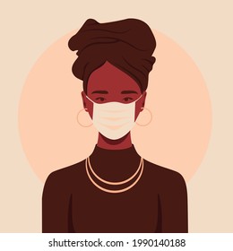 Illustrated portrait of African ethnicity woman with traditional African clothing wearing mask. concept minority groups and corona virus